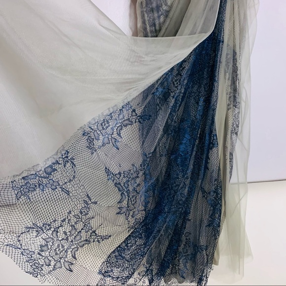 Tadashi Shoji lace beaded tulle navy grey layer full length drape gown formal 6 - Picture 6 of 10